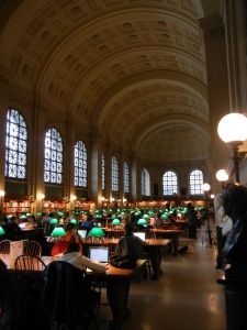 The main reading hall in the Boston Public Library in Copley Square.